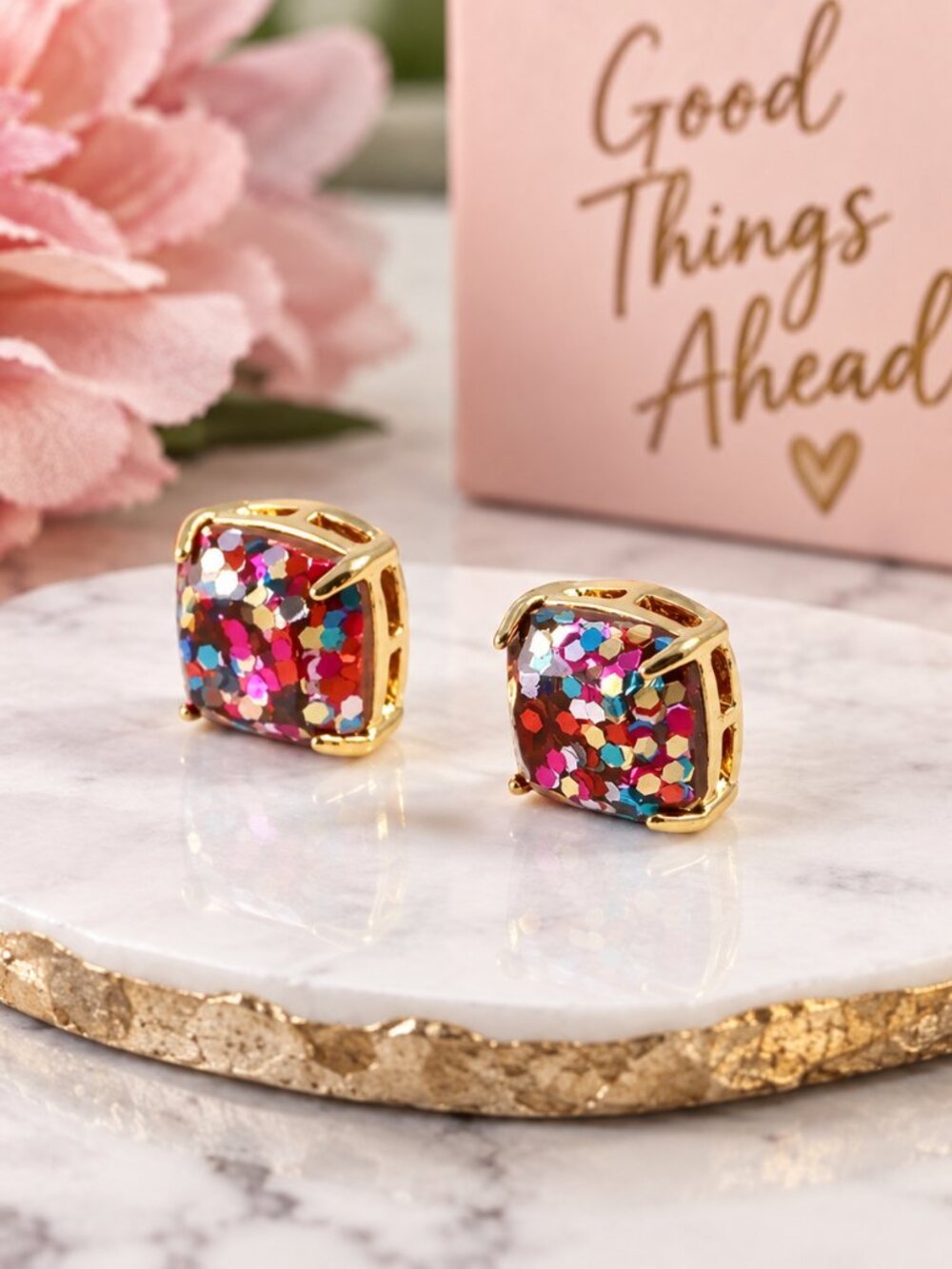 Confetti Glitter Square Stud Earrings Gold Tone Multicolor NWT